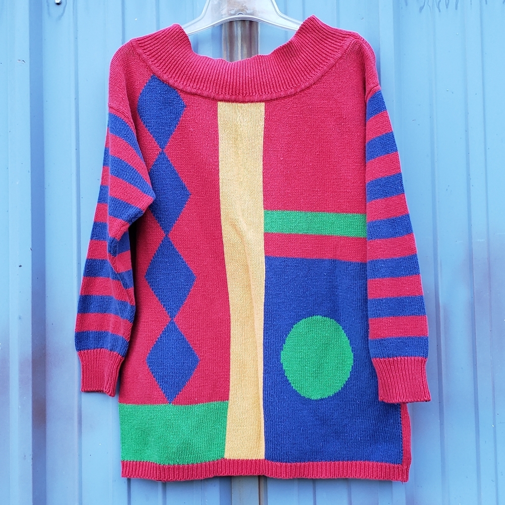 90's Vintage Primary Color Geometric Wide necked Pullover Sweater